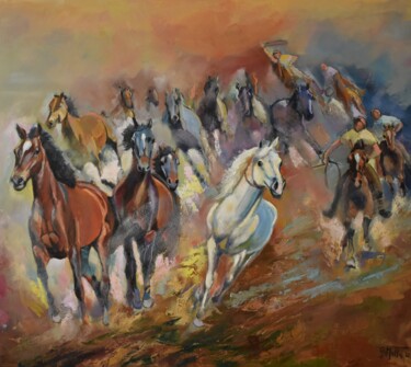 Pintura titulada "Cattura dei cavalli…" por Gianni Mattu, Obra de arte original, Oleo