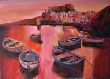 Painting titled "Barche al tramonto" by Gianni Mattu, Original Artwork, Oil