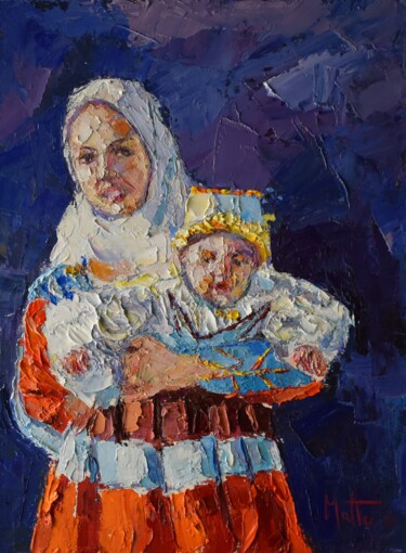 Pittura intitolato "Mamma con bimba" da Gianni Mattu, Opera d'arte originale, Olio Montato su Cartone