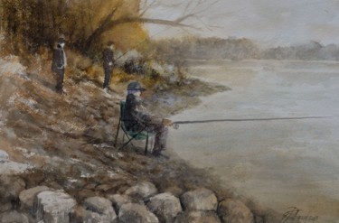 Pittura intitolato "pescatori sul Po" da Gianni Pedrazzi, Opera d'arte originale