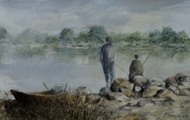 Pintura titulada "a pesca sul Po" por Gianni Pedrazzi, Obra de arte original, Acuarela