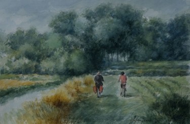 Pittura intitolato ""In bicicletta"" da Gianni Pedrazzi, Opera d'arte originale, Acquarello