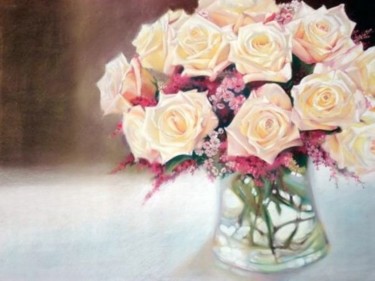 Painting titled "ivory roses in a gl…" by Giao Nguyen, Original Artwork