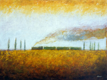 Painting titled "Train" by Gia Revazi, Original Artwork, Oil Mounted on Wood Stretcher frame