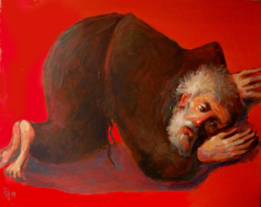 Painting titled "Monk on Red" by George Rurua, Original Artwork, Acrylic