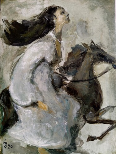 Peinture intitulée "Horse rider girl" par George Rurua, Œuvre d'art originale, Acrylique