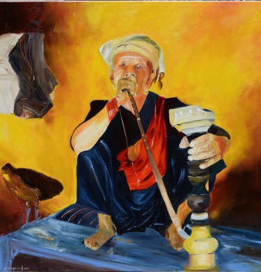 Peinture intitulée "femme népalaise fum…" par Brigitte Gicquiaud, Œuvre d'art originale