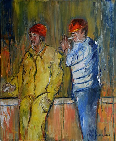 Peinture intitulée "Pause cigarette" par Brigitte Gicquiaud, Œuvre d'art originale, Huile