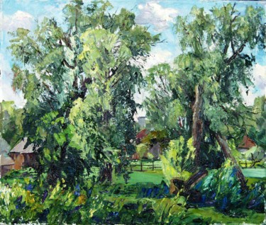 Painting titled "Willows in Sednev" by Ivan Hapochenko, Original Artwork, Oil Mounted on Wood Stretcher frame