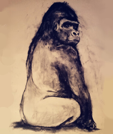 Рисунок под названием "Gorille 2" - Gil Aline, Подлинное произведение искусства, Древесный уголь