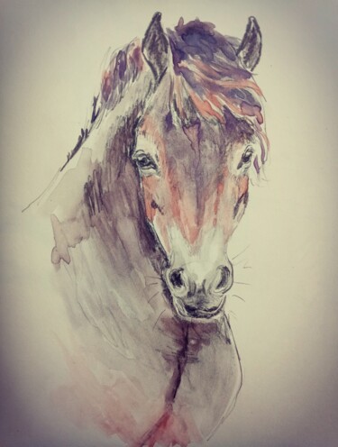 Drawing titled "Cheval 5" by Gil Aline, Original Artwork, Watercolor