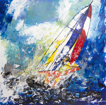 Painting titled "Voiles en mer" by Gil Lachapelle, Original Artwork, Acrylic Mounted on Wood Stretcher frame
