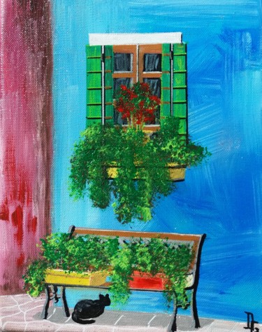 Painting titled "le-chat-sous-le-banc" by Gilbert Devesa, Original Artwork, Acrylic Mounted on Wood Stretcher frame