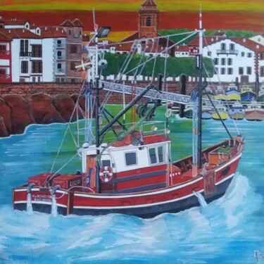 Painting titled "retour au port basq…" by Gilbert Devesa, Original Artwork, Acrylic Mounted on Wood Stretcher frame