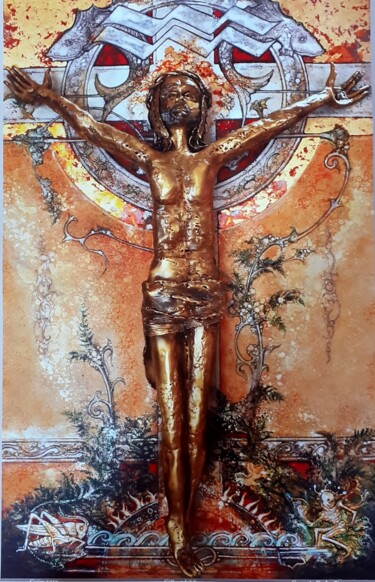 Sculpture titled "Le Christ aux fougè…" by Gilbert Liblin, Original Artwork, Metals