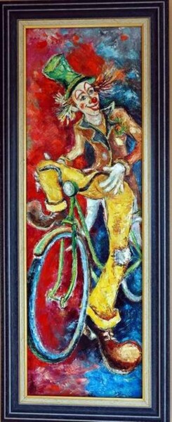 Painting titled "Clown à vélo" by Gilbert Liblin, Original Artwork, Oil Mounted on Wood Stretcher frame
