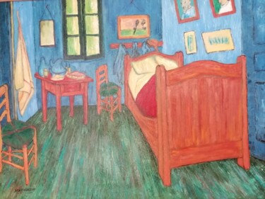 Painting titled "Chambre de Van Gogh" by Gilbert Malvoisin, Original Artwork, Oil Mounted on Wood Stretcher frame