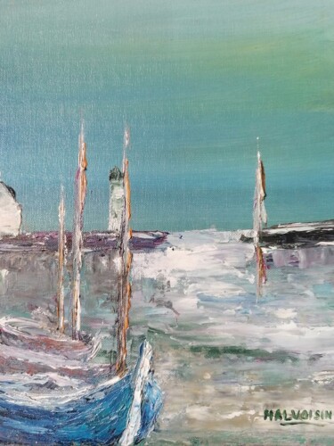 Schilderij getiteld "Port Bretagne" door Gilbert Malvoisin, Origineel Kunstwerk, Olie Gemonteerd op Karton