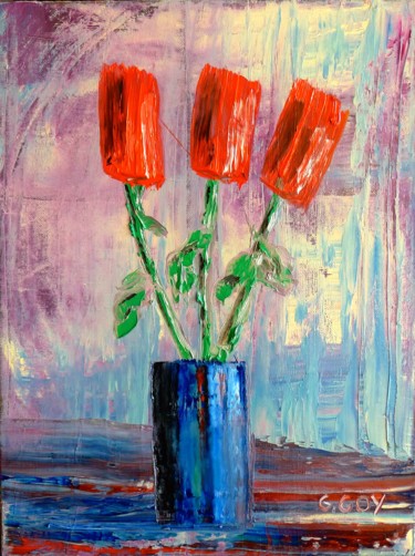 Painting titled "427-le-bouquet-3-fl…" by Gilbert Goy, Original Artwork, Oil