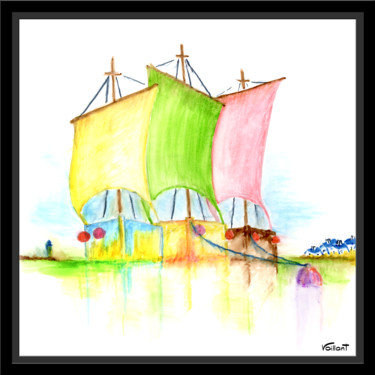 Painting titled "Troix Bateaux © Gil…" by Gilbert Vaillant, Original Artwork, Ink