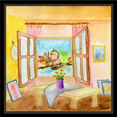 Peinture intitulée "Fenêtre sur Venise…" par Gilbert Vaillant, Œuvre d'art originale, Encre