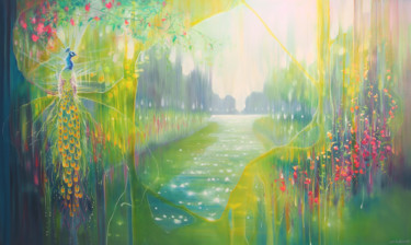 Картина под названием "The Peacocks River" - Gill Bustamante, Подлинное произведение искусства, Масло