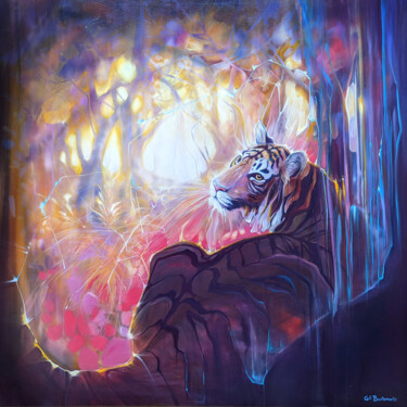 Painting titled "Spellbound Tigress" by Gill Bustamante, Original Artwork, Oil Mounted on Wood Stretcher frame