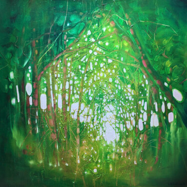 Painting titled "The Green Wood Beck…" by Gill Bustamante, Original Artwork, Oil Mounted on Wood Stretcher frame