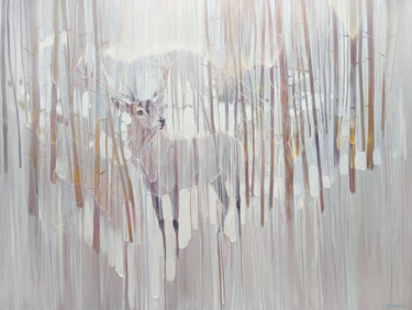 Schilderij getiteld "Winter Stag Appeara…" door Gill Bustamante, Origineel Kunstwerk, Olie Gemonteerd op Frame voor houten b…