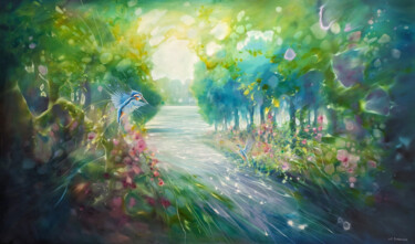 Painting titled "The Kingfishers Eden" by Gill Bustamante, Original Artwork, Oil Mounted on Wood Stretcher frame