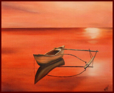 Peinture intitulée "PIROGUE SUR LAGON" par Gilles Fraysse, Œuvre d'art originale