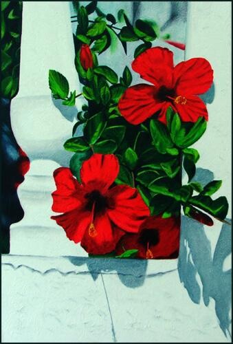 Painting titled "HIBISCUS" by Gilles Fraysse, Original Artwork, Oil