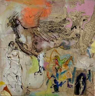 Painting titled "Subject Phénix" by Gilles Glaçon, Original Artwork, Collages Mounted on Cardboard