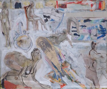 Collages intitolato "Au bord du bassin" da Gilles Glaçon, Opera d'arte originale, Matita Montato su Telaio per barella in le…
