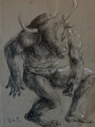 Drawing titled "minotaurus" by Gilles Glaçon, Original Artwork, Charcoal
