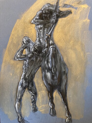 Drawing titled "Centaure au combat" by Gilles Glaçon, Original Artwork, Chalk