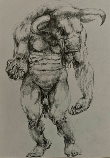 Tekening getiteld "Minotaurus 1" door Gilles Glaçon, Origineel Kunstwerk, Potlood