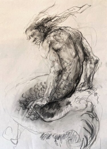 Dibujo titulada "Mermaid" por Gilles Glaçon, Obra de arte original, Carbón