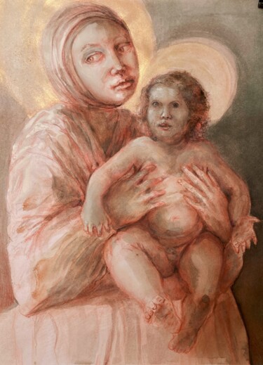 Dessin intitulée "Vierge et l'Enfant" par Gilles Glaçon, Œuvre d'art originale, Craie