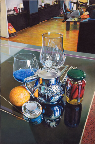 Pintura titulada "Verre, bleu, orange" por Gilles Paul Esnault, Obra de arte original, Oleo
