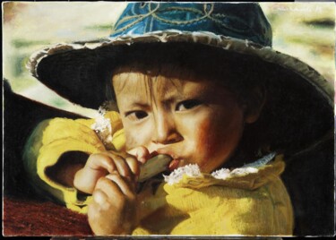 Painting titled "Bébé jaune" by Gilles Paul Esnault, Original Artwork, Oil Mounted on Wood Stretcher frame