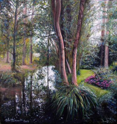 Schilderij getiteld "Arbres roses Giverny" door Gilles Paul Esnault, Origineel Kunstwerk, Olie Gemonteerd op Houten paneel