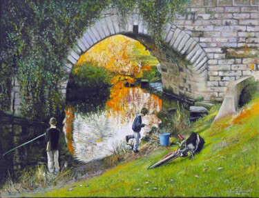 Painting titled "La pêche au pont" by Gilles Paul Esnault, Original Artwork, Oil Mounted on Wood Stretcher frame
