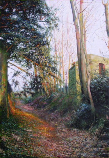 Malerei mit dem Titel "Chemin Michaud" von Gilles Paul Esnault, Original-Kunstwerk, Öl Auf Andere starre Platte montiert