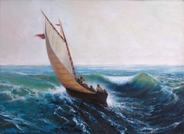 Painting titled "Voile et vague" by Gilles Paul Esnault, Original Artwork, Oil Mounted on Other rigid panel
