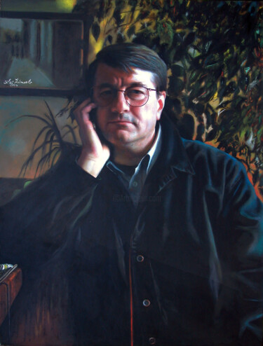 Malerei mit dem Titel "Portrait de Michaud" von Gilles Paul Esnault, Original-Kunstwerk, Öl Auf Andere starre Platte montiert