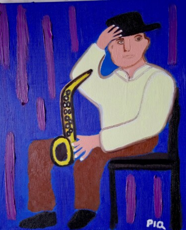 Peinture intitulée "Chapeau au Saxo" par Gilles Piquereau, Œuvre d'art originale, Huile
