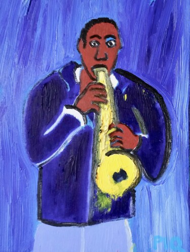 Painting titled "Black Jazzman" by Gilles Piquereau, Original Artwork, Oil