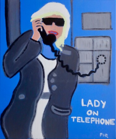 Painting titled "LADY 0N TELEPH0NE" by Gilles Piquereau, Original Artwork, Oil Mounted on Other rigid panel
