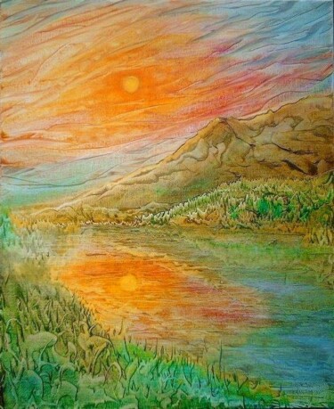 Painting titled "soleil sur un lac" by Gilles Renard, Original Artwork
